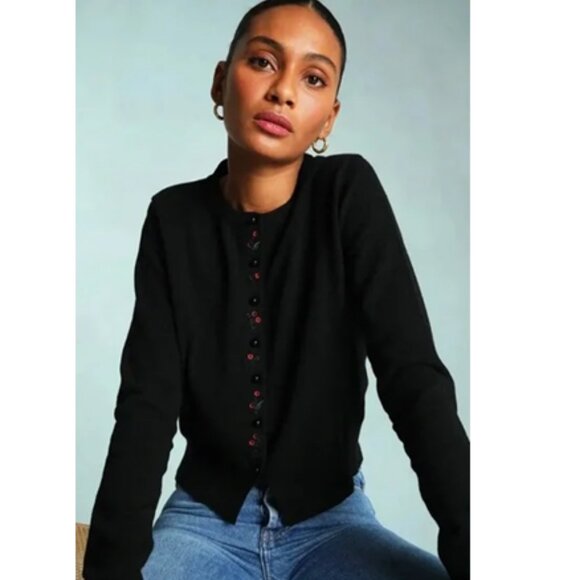 Rouje Perrine Floral Embroidered Wool Cardigan in Black 36 4 - Picture 2 of 8